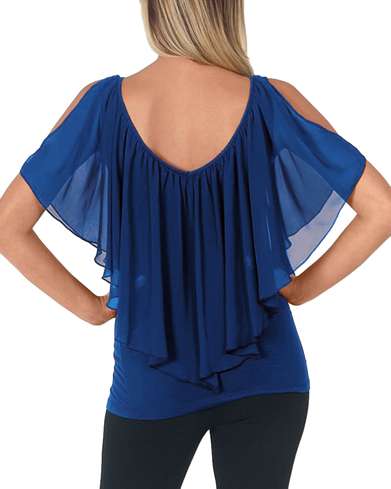 Sexy Women Blouse V Neck Cold Shoulder Ruffles