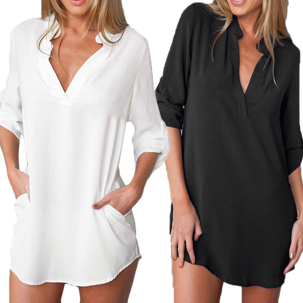 Women Chiffon Shirt Dress V Neck Pockets Roll up