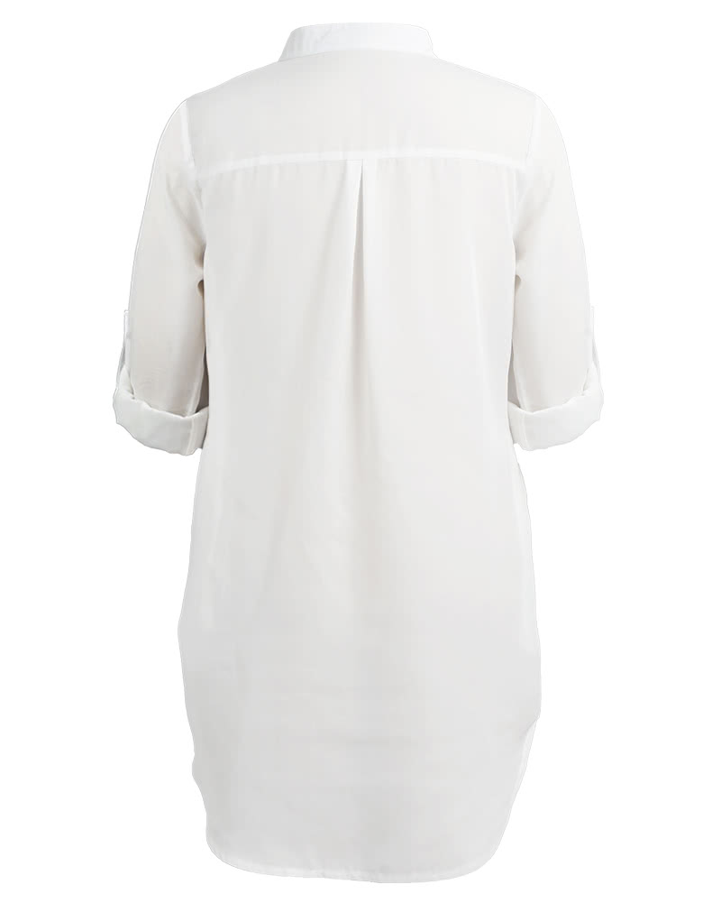 Women Chiffon Shirt Dress V Neck Pockets Roll up