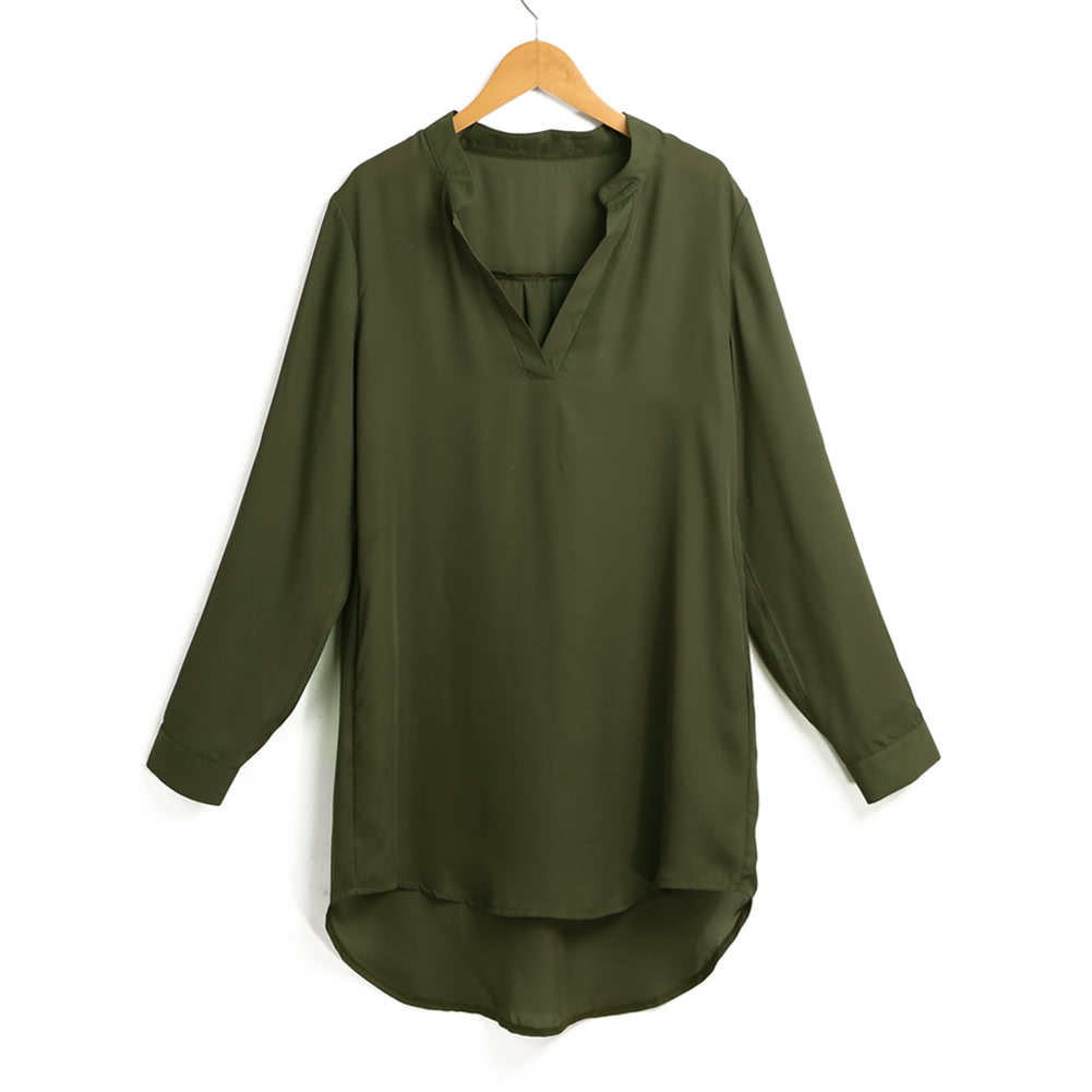 Women Chiffon Shirt Dress V Neck Pockets Roll up