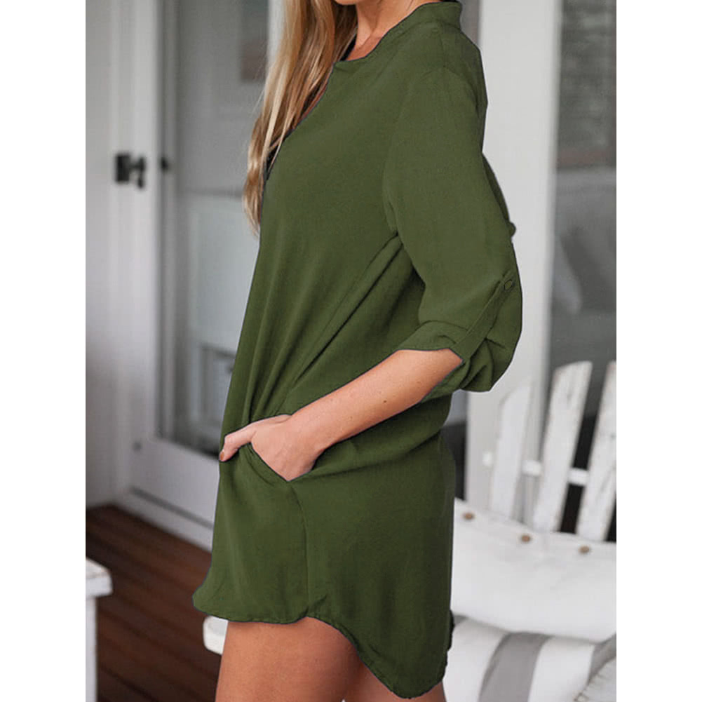 Women Chiffon Shirt Dress V Neck Pockets Roll up