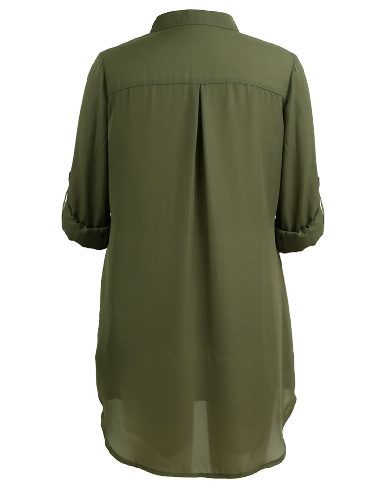 Women Chiffon Shirt Dress V Neck Pockets Roll up