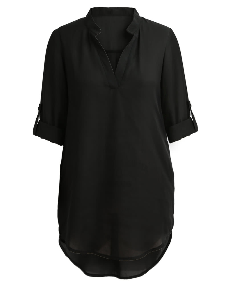 Women Chiffon Shirt Dress V Neck Pockets Roll up