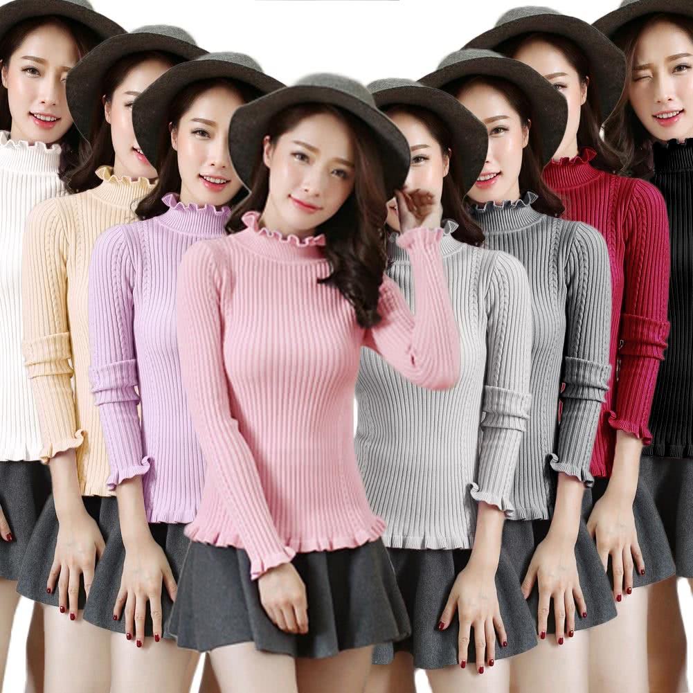 Women Ribbed Knitted Pullover Sweaters Turtle Neck