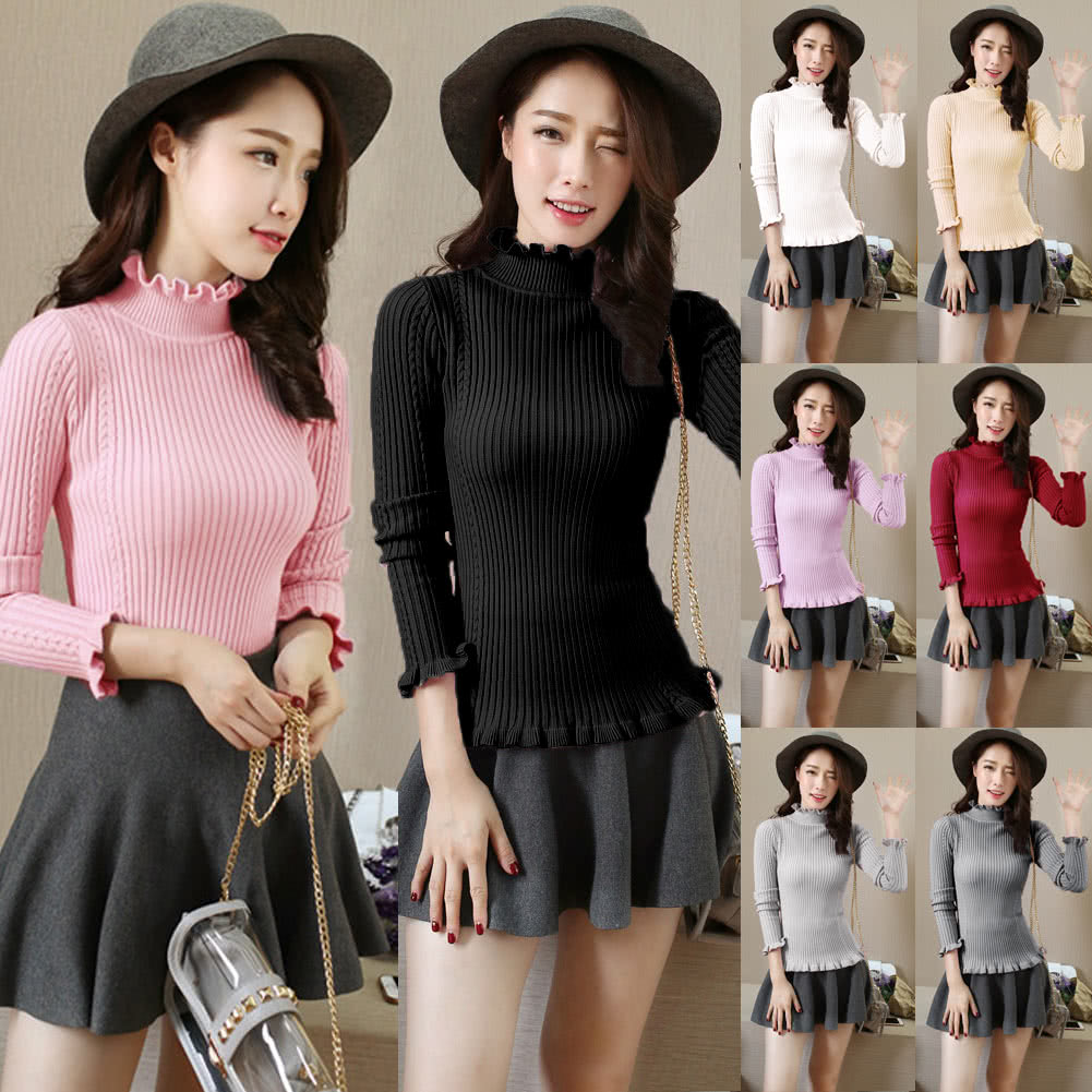 Women Ribbed Knitted Pullover Sweaters Turtle Neck