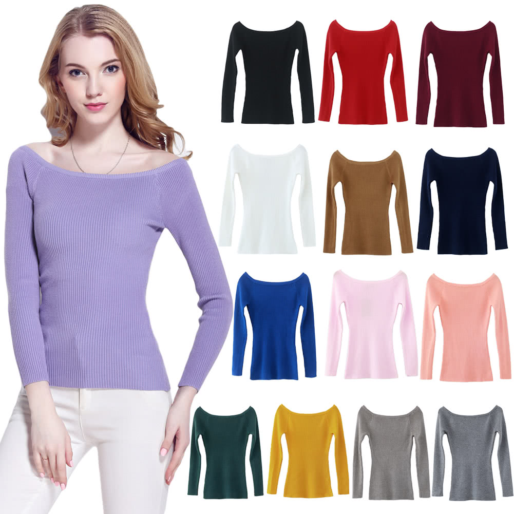 Autumn Winter Basic Women Sweater Slash Neck Solid