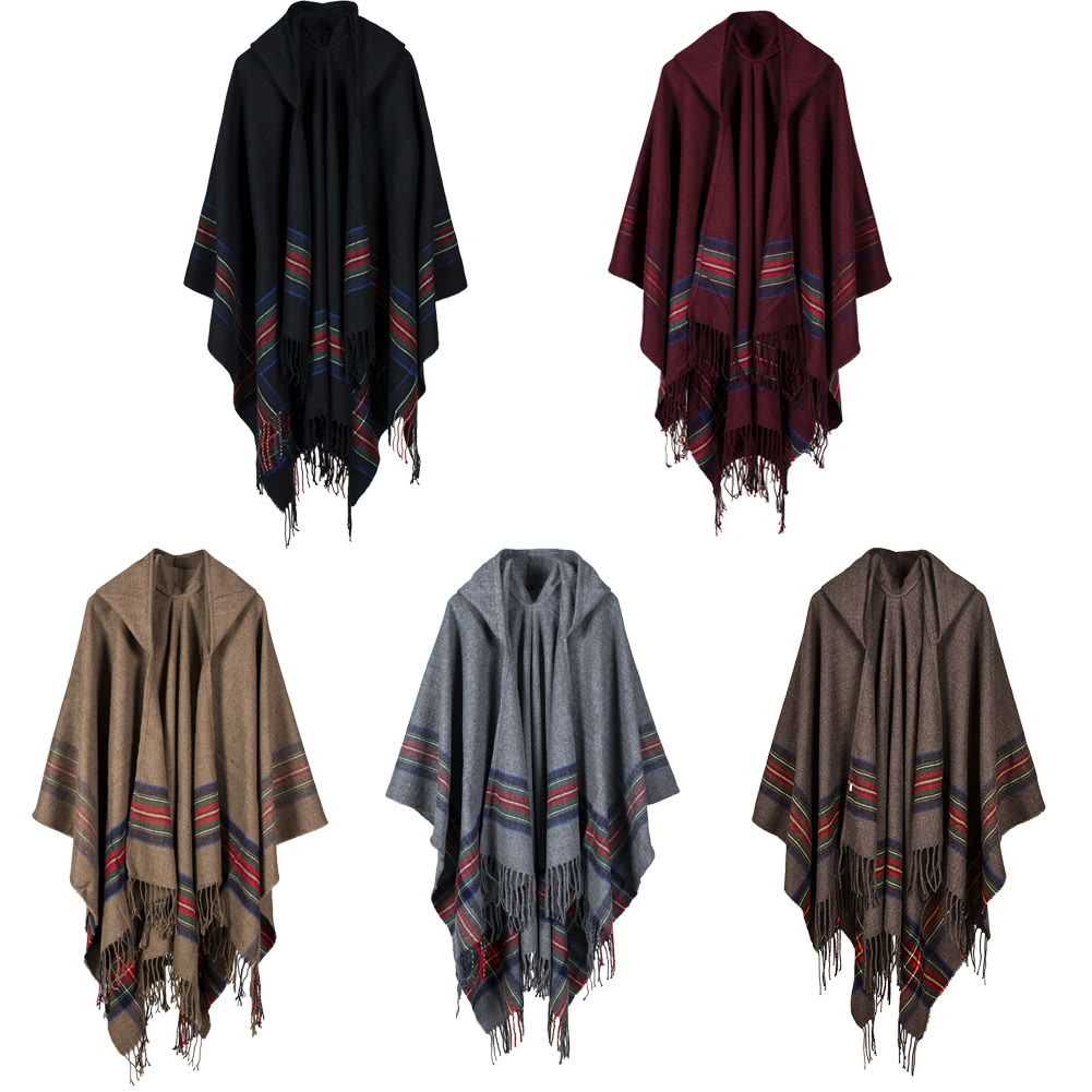 New Women Knitted Poncho Cape Hooded Stripe