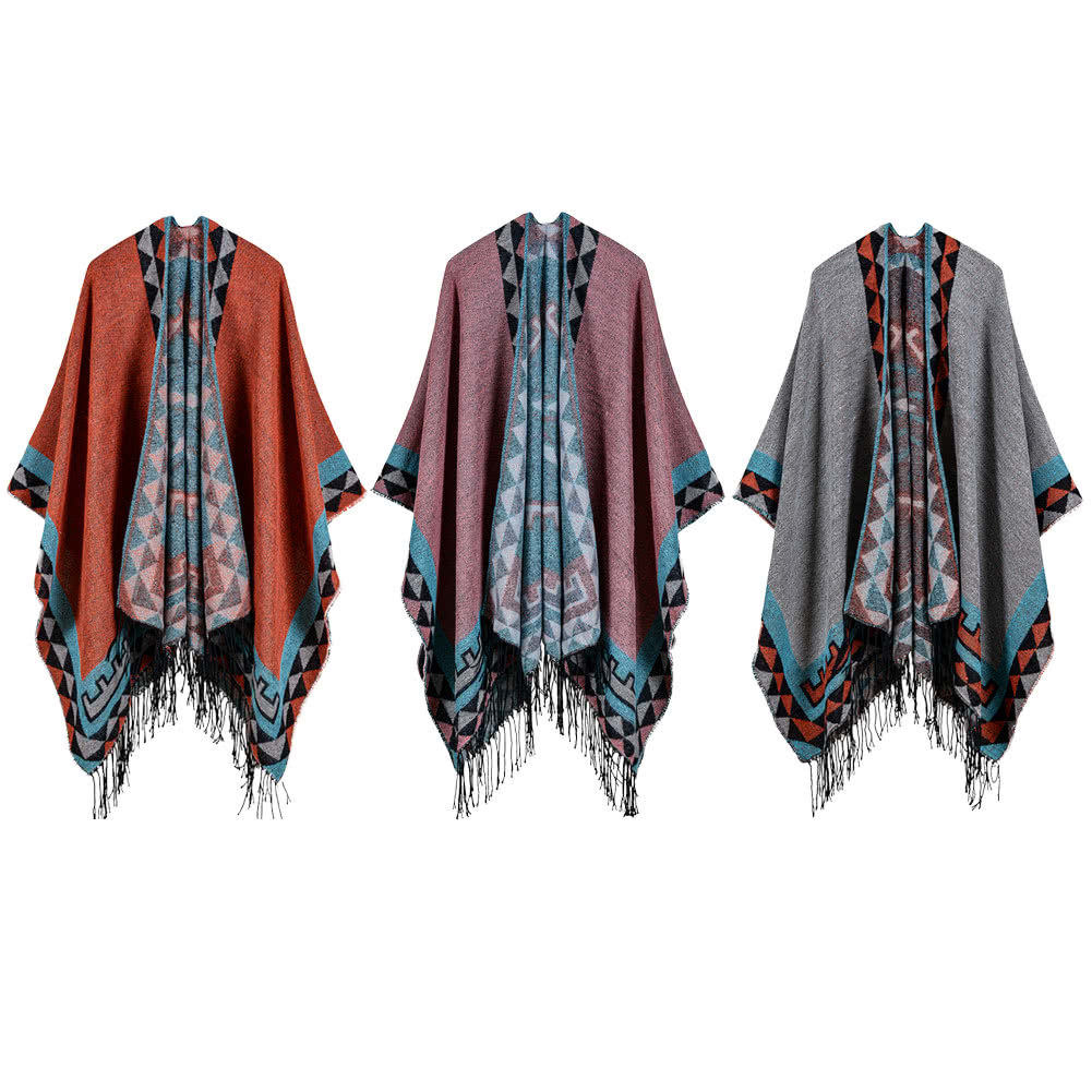 Boho Women Knitted Shawl Poncho Faux Cashmere