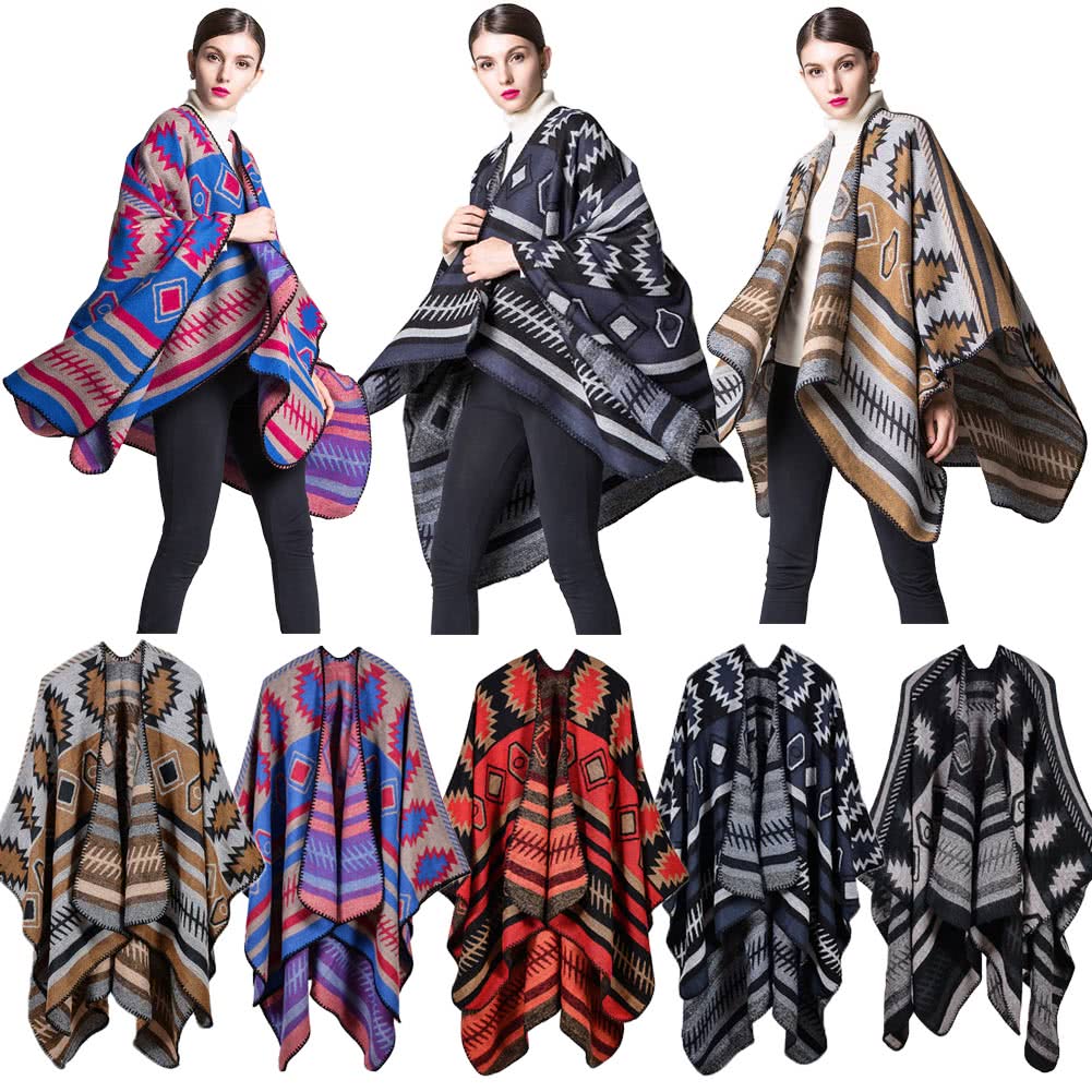 Women Poncho Scarf Cardigan Sweater Geometrical