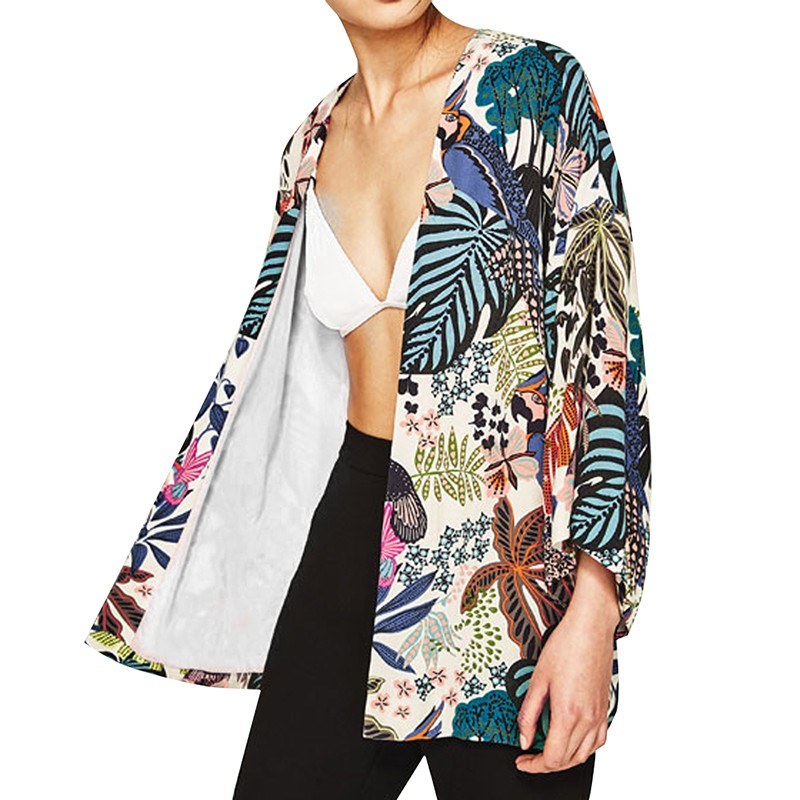 Women Chiffon Beach Kimono Butterfly Birds Leaves Print Open Front Loose Thin Bikini Cover Up Cardigan Green