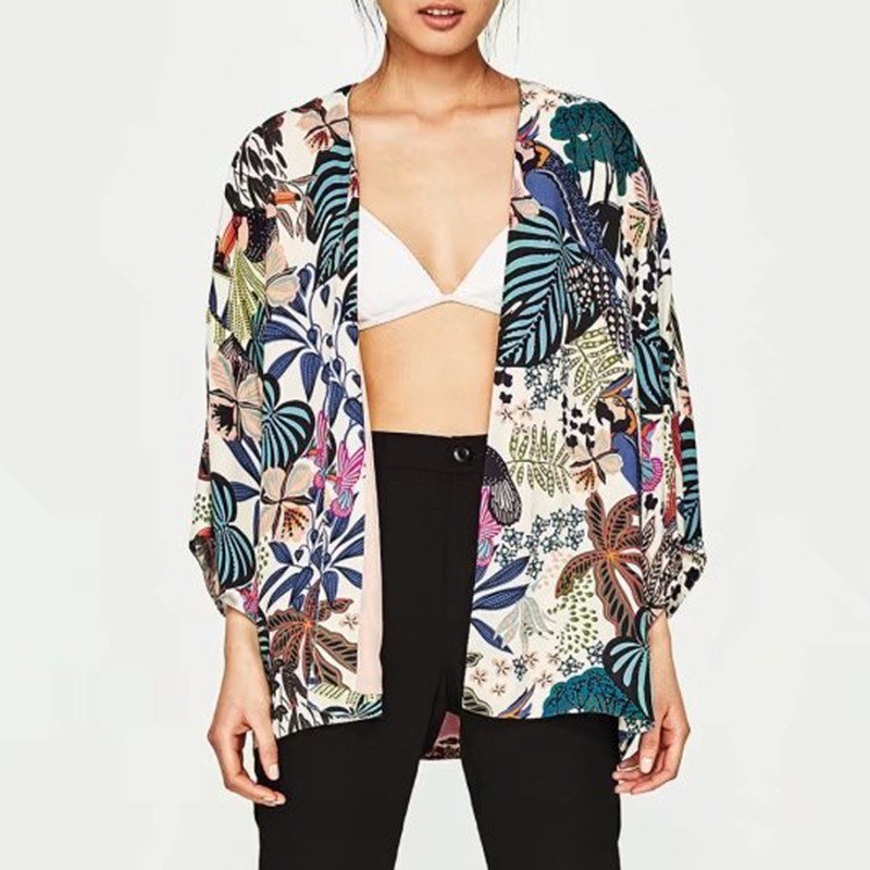 Women Chiffon Beach Kimono Butterfly Birds Leaves Print Open Front Loose Thin Bikini Cover Up Cardigan Green