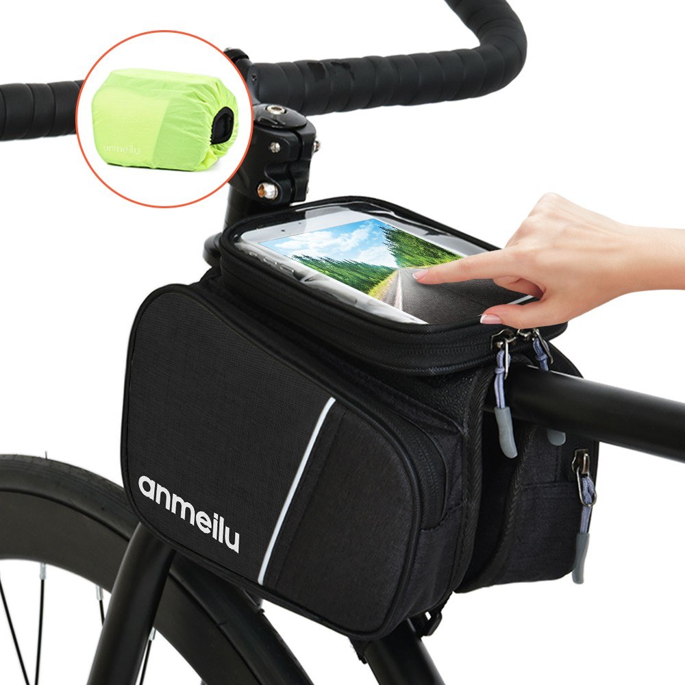  Bike Top Tube Bag Cycling Front Frame Bag Bike Phone Pouch Bicycle Frame Bag Touch-screen 6IN Phone Pouch with Waterproof Rain Cover