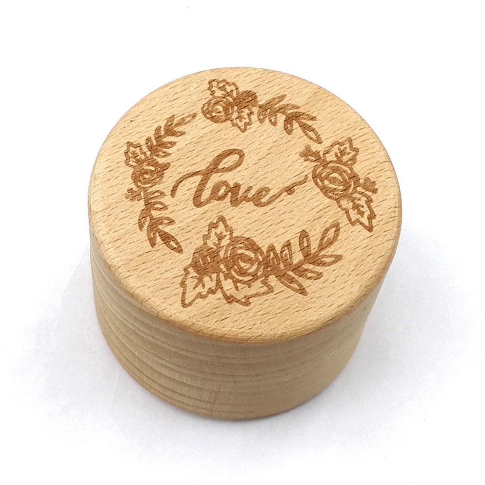 Wooden Round Beech Wedding Ring Box With Letter Love On The Surface