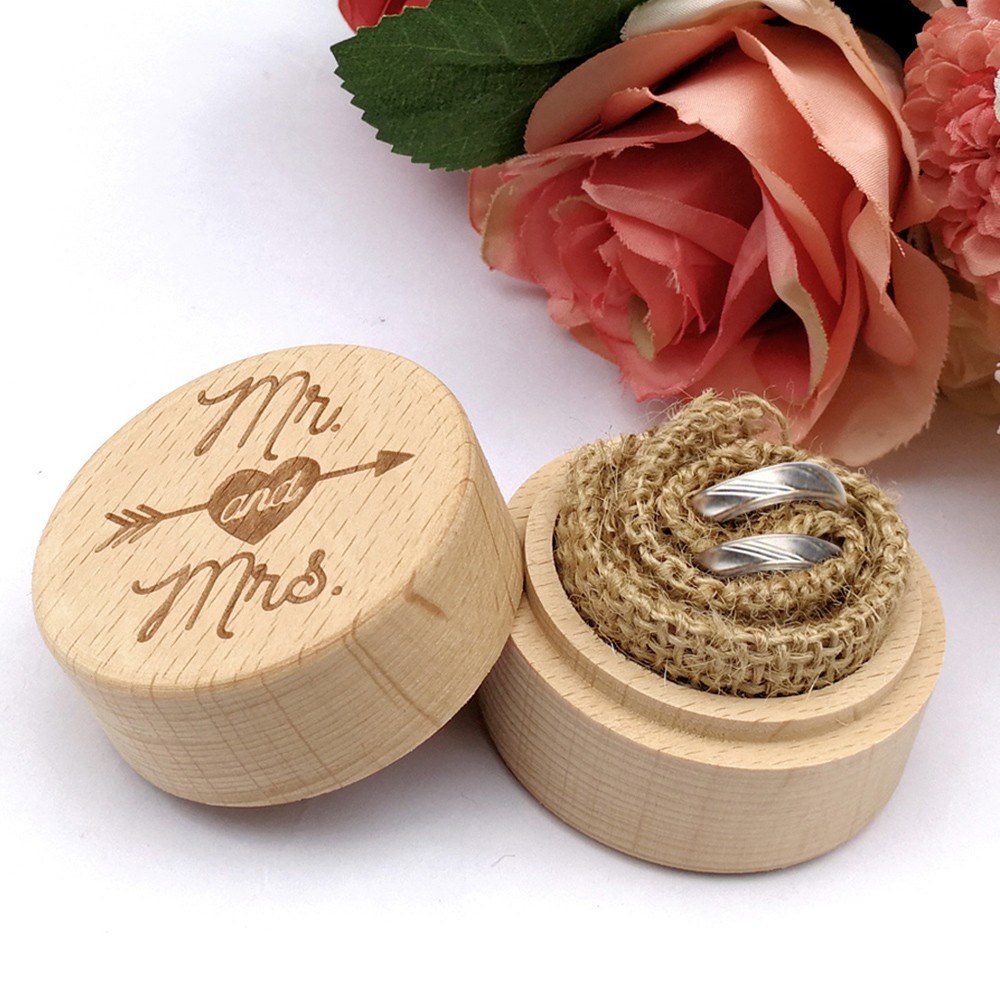 Wooden Round The Arrow Of Love Beech Wedding Ring Box With Letter Mr And Mrs On The Surface