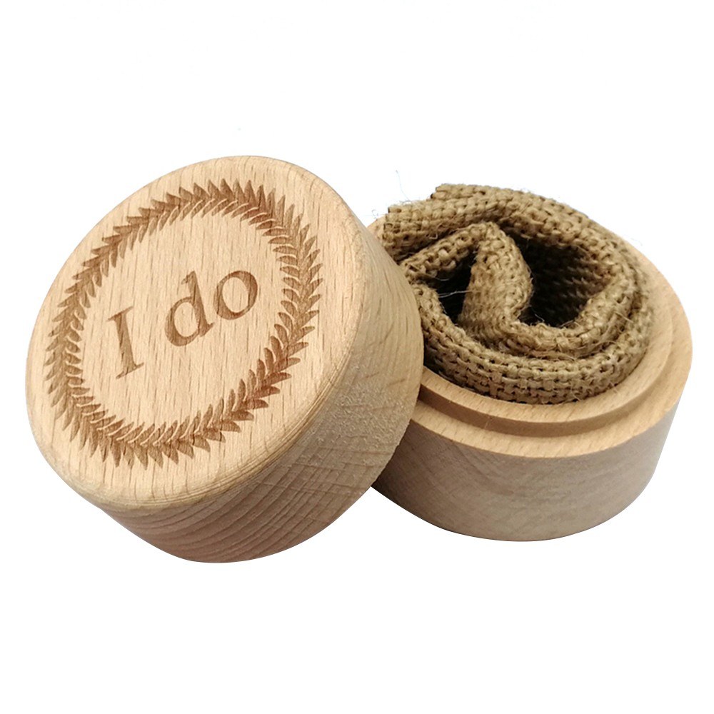 Wooden Round Beech Wedding Ring Box With Letter I Do On The Surface