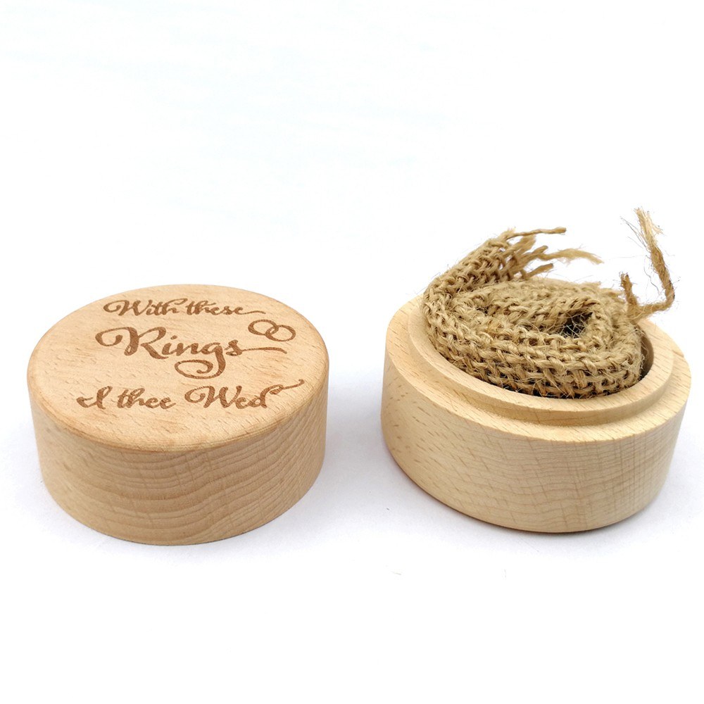 Wooden Round Beech Wedding Ring Box With Letter With These Rings I Thee Wed On The Surface