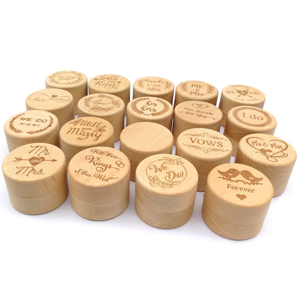 Wooden Round Beech Wedding Ring Box With Letter Mr & Mrs On The Surface