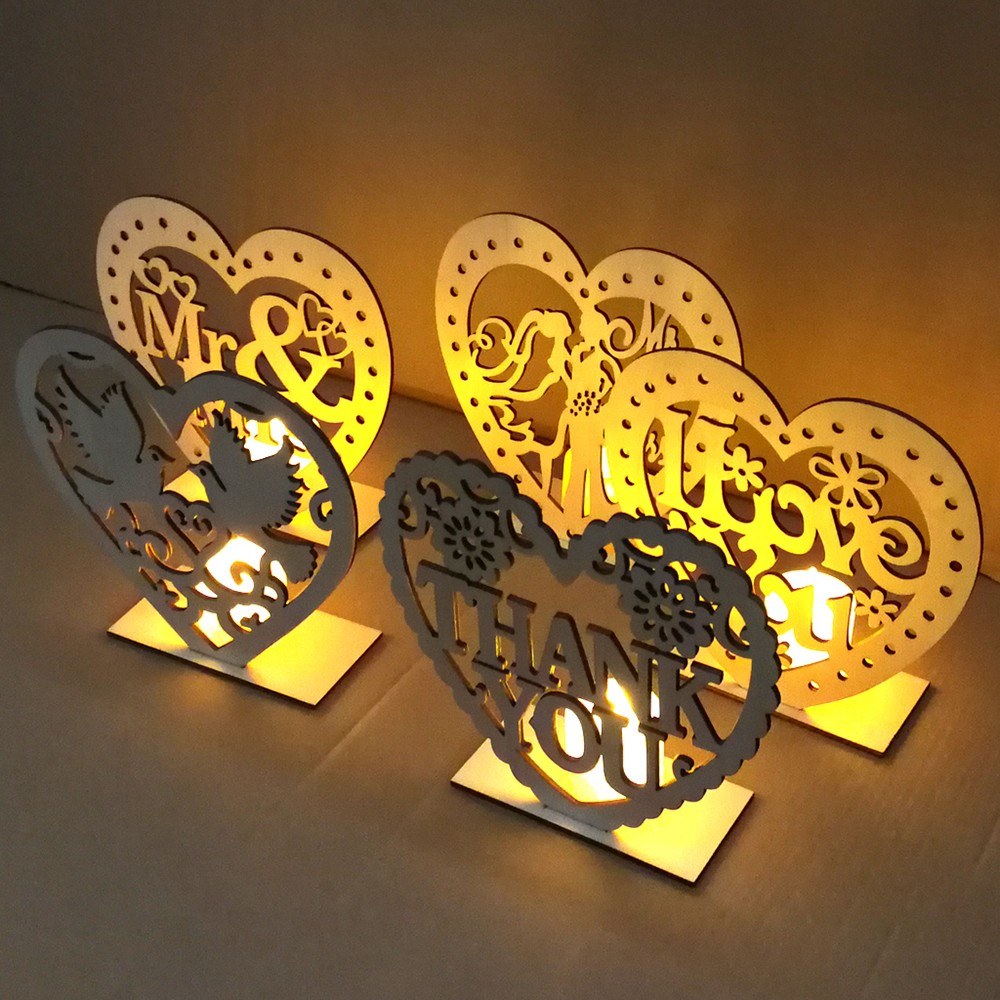 Wooden Wedding Ornaments Heart-shaped Crafts THANK YOU Romantic Table Plate Pendants with LED Candle Light Wedding Party Supplies