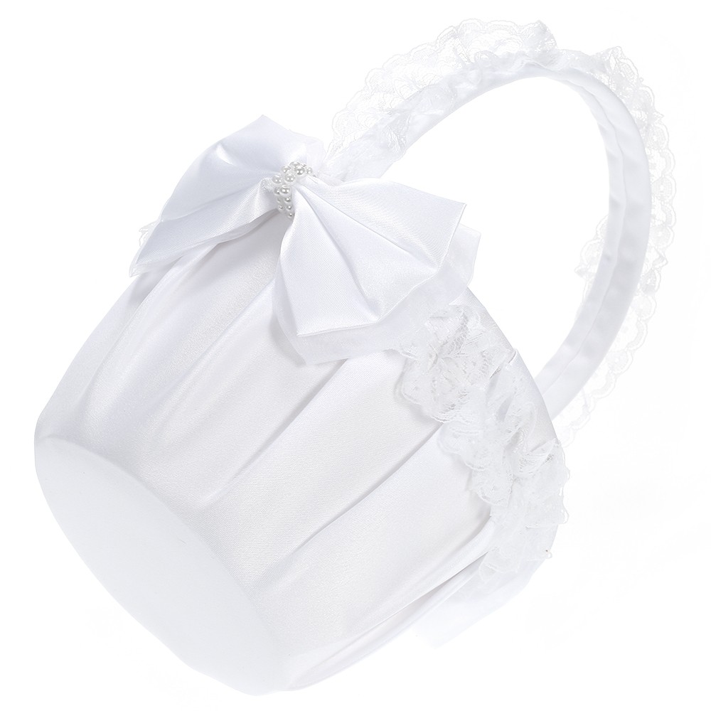 White Satin Lace Wedding Flower Girl Basket with Bowknots Decoration Wedding Supplies