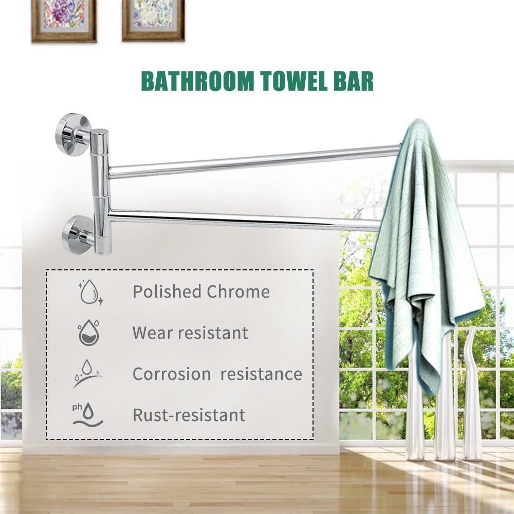 Swivel Out Towel Bar 2-Bars Foldable Arms Bath Towel Clothes Hanger Wall Mount Polished Chrome Towel Rack Holder for Bathroom Kitchen