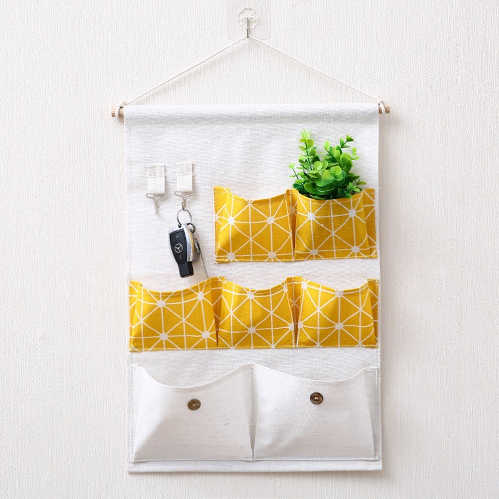 10518 Ins Nordic Simple Pattern Cotton Hanging Storage Bag 7 Pockets Wall Mounted Wardrobe Hang Bag Wall Pouch Cosmetic Toys Organizer for Babyroom Bedroom and Bathroom Kitchen