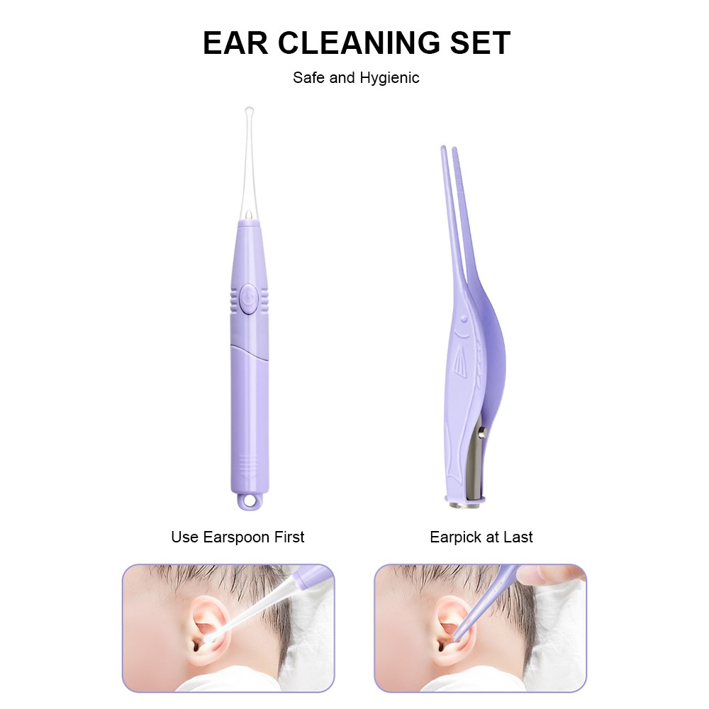 2PCS Earwax Removal Set Earspoon Ear Pick Stainless Steel Earwax Remover Spoon with LED Light