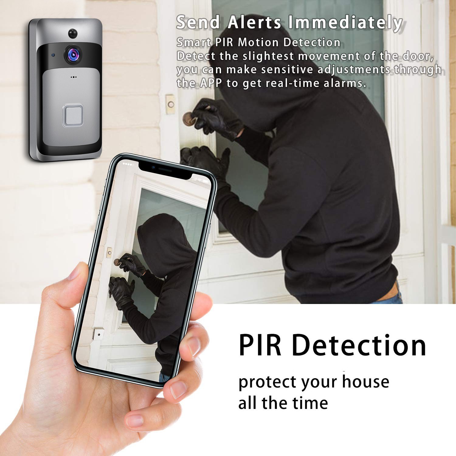 Smart Home WiFi Doorbell 1080P HD Security Camera with Two-Way Audio PIR Motion Detection IR Night Vision 160-Degree Wide 