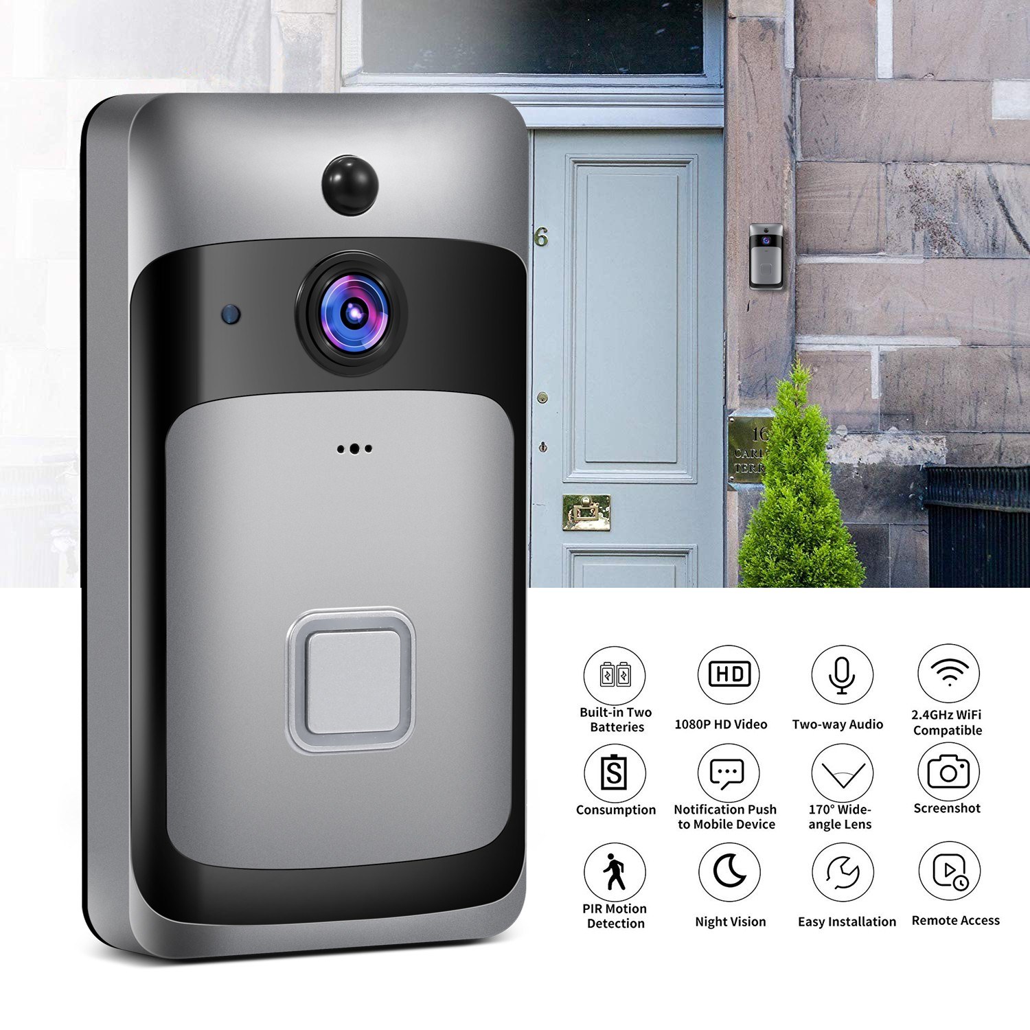 Smart Home WiFi Doorbell 1080P HD Security Camera with Two-Way Audio PIR Motion Detection IR Night Vision 160-Degree Wide