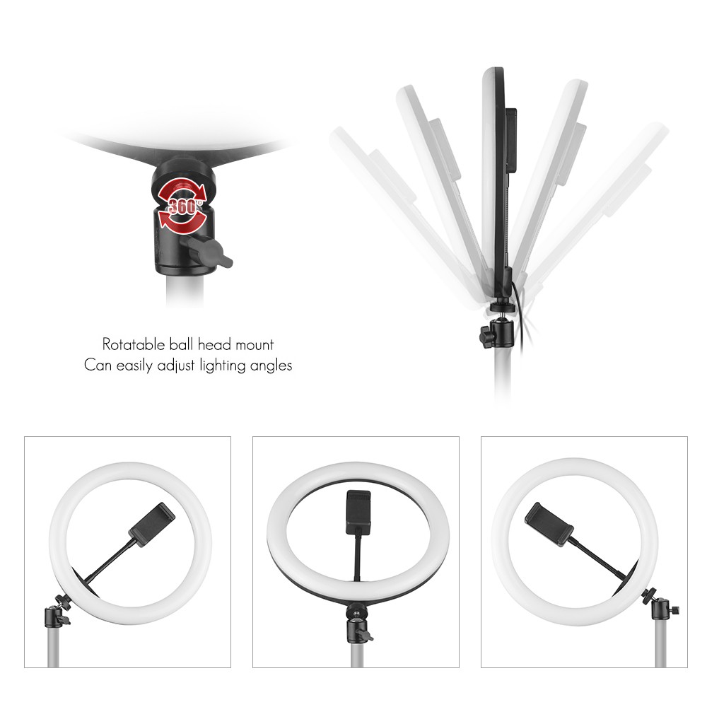 10 Inch Desktop LED Video Ring Light Lamp 3 Lighting Modes Dimmable USB Powered with Phone Holder Ballhead Adapter 80cm Light Stand