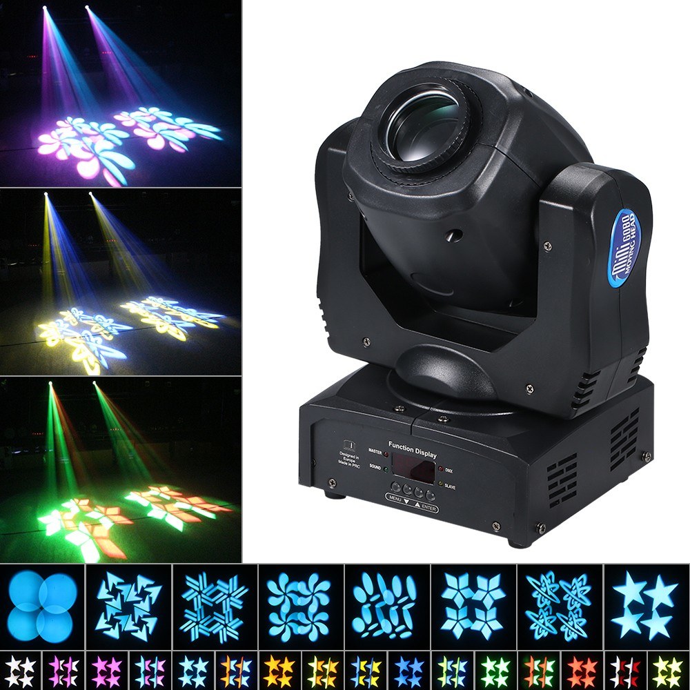 Total Power 120W LEDs Moving-heads Stage Light 9/15CH 4 Facet Prism Rotating Spotlight 8 Patterns & 16 Colors DMX512 Sound-activated Gobos Spotlight Auto-run