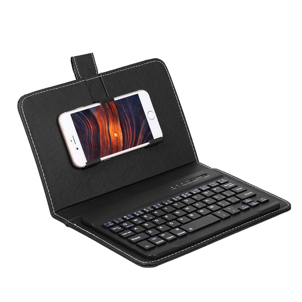 Portable PU Leather BT Wireless Keyboard with Protective Case Cover For 4.5-6.8inch Mobile Phones Black Keyboard