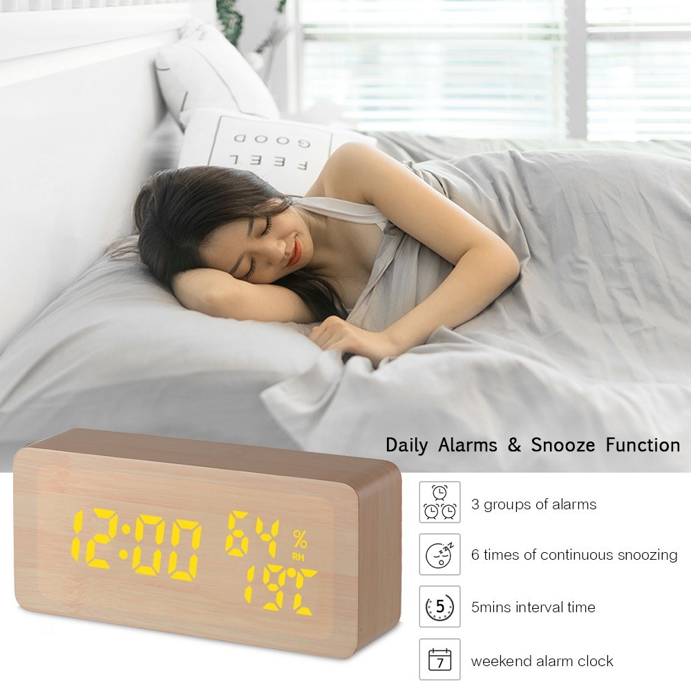 Wooden Alarm Clock 115-Colored Time/ Humidity/ Temperature/ Date Display Wood LED Digital Desk Clock 