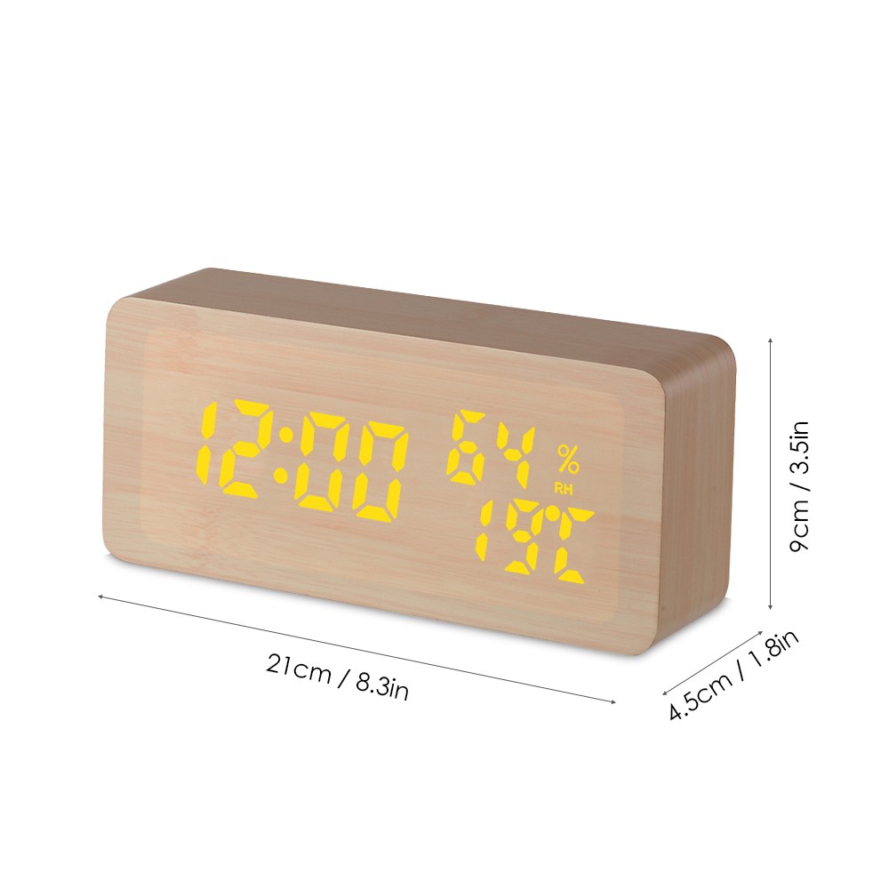 Wooden Alarm Clock 115-Colored Time/ Humidity/ Temperature/ Date Display Wood LED Digital Desk Clock 