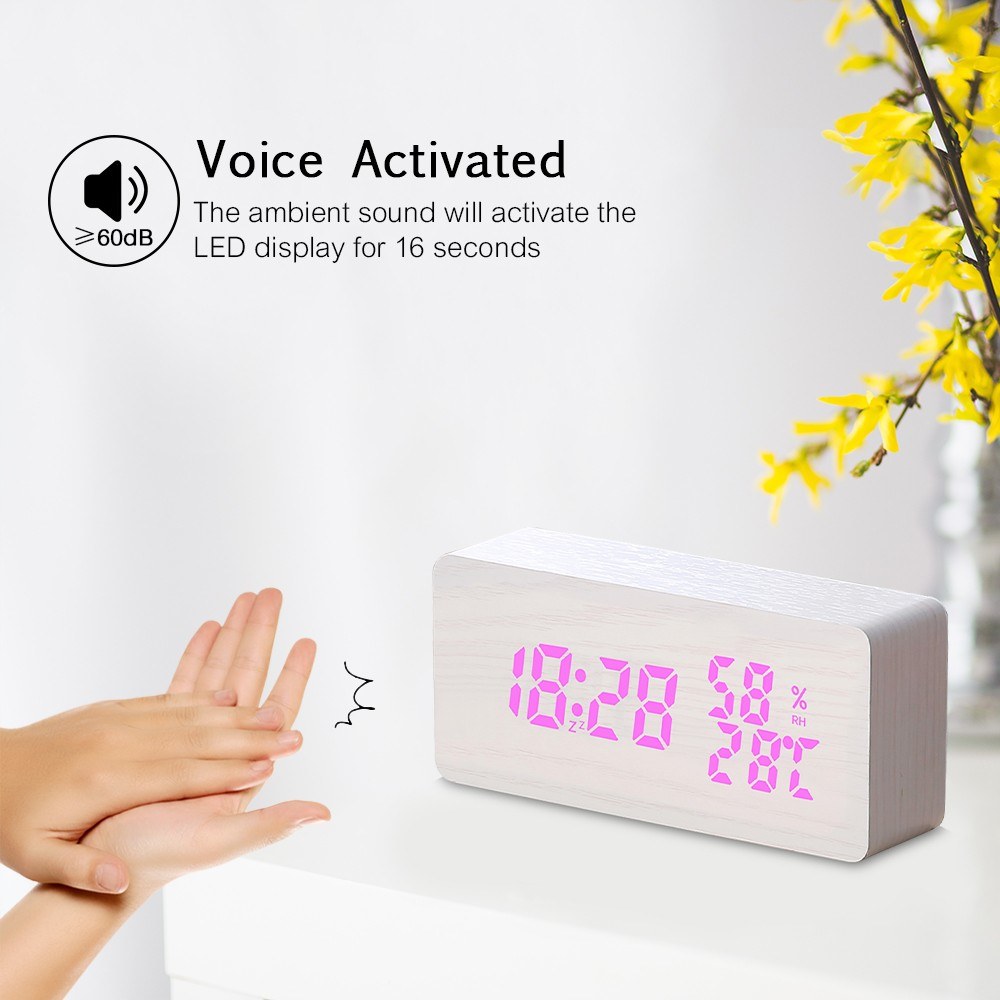 Wooden Alarm Clock 115-Colored Time/ Humidity/ Temperature/ Date Display Wood LED Digital Desk Clock