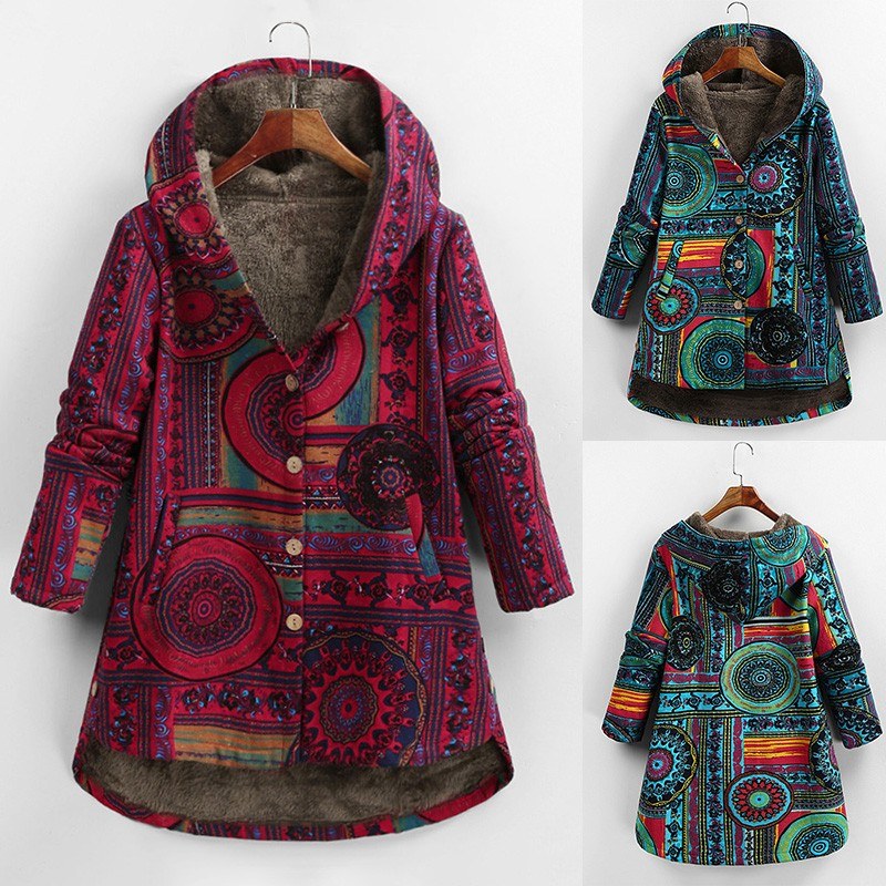 Women Winter Plus Size Coat Fluffy Faux Fur Geometry Print Button Hooded Neck Long Sleeve Pockets Cotton Outwear Overcoat Blue/Red