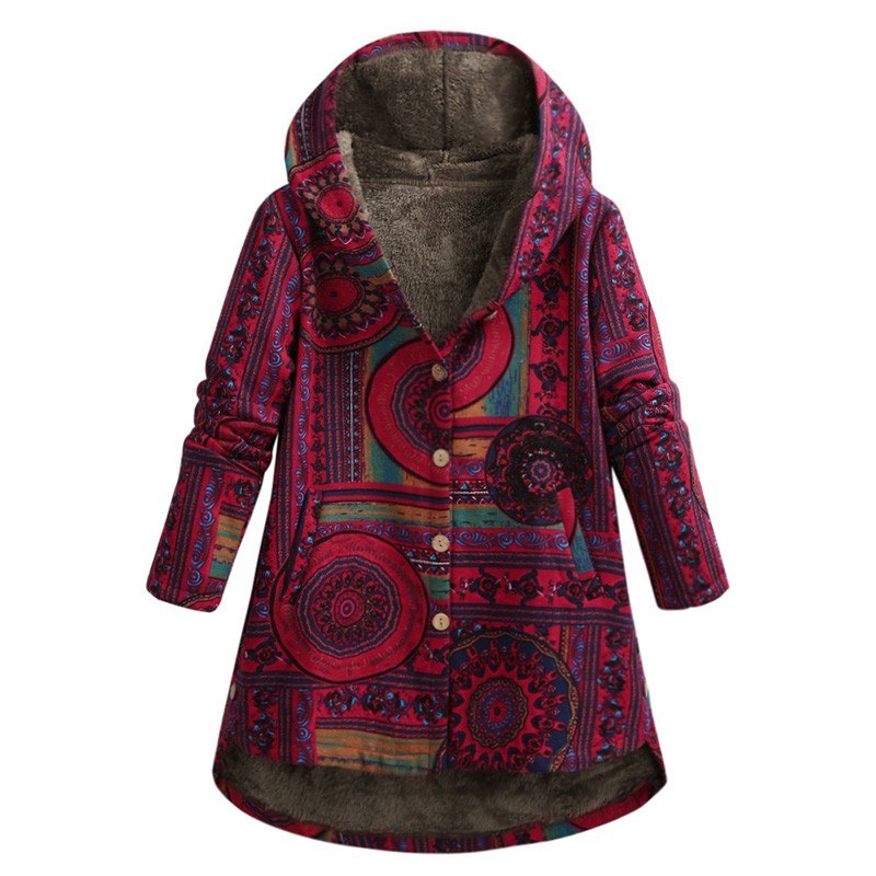 Women Winter Plus Size Coat Fluffy Faux Fur Geometry Print Button Hooded Neck Long Sleeve Pockets Cotton Outwear Overcoat Blue/Red