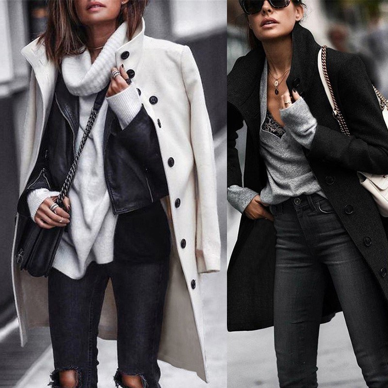 Women Coat Solid Color High Neckline Turn-down Collar Button Long Sleeve Elegant Autumn Winter Jacket