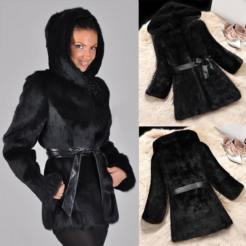 Fashion Women Autumn Winter Faux Fur Coat Solid Color Hooded Long Sleeve Pockets Fluffy Long Outerwear Jacket Black