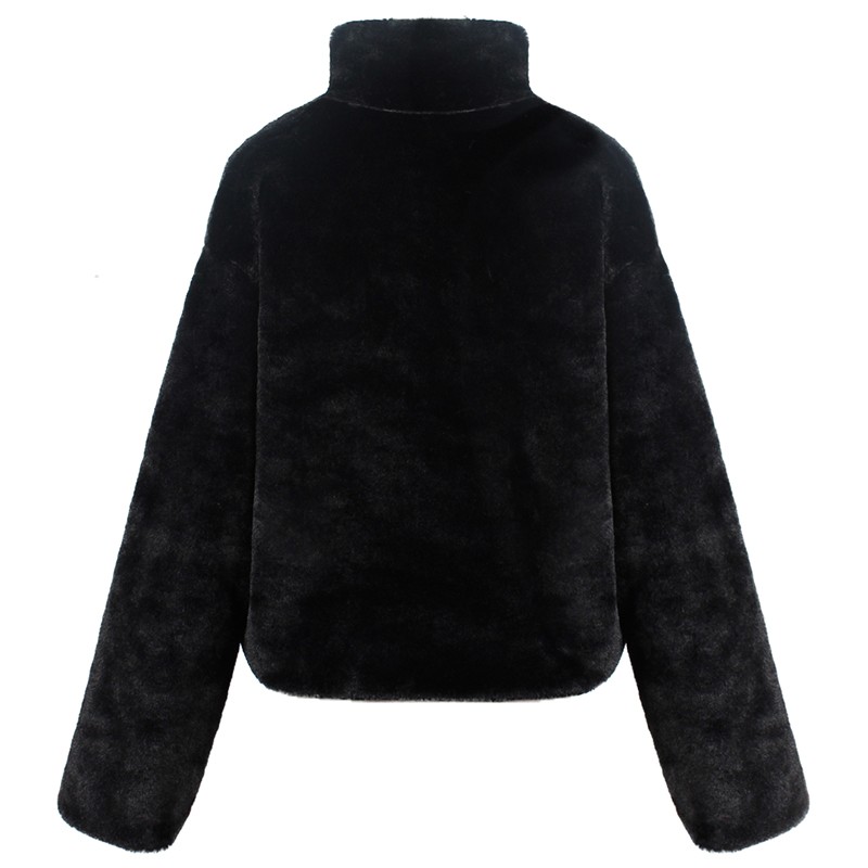 Fashion Women Winter Solid Color Fluffy Coat Stand Collar Long Sleeve Concealed Button Faux Fur Thick Short Streetwear Jacket