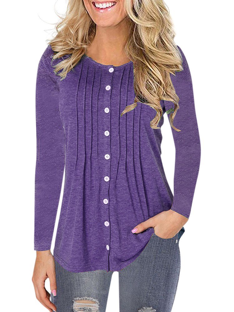 Women Plus Size Blouse Plain Color Button Fastening Pleated Round Neck Long Sleeve Casual T-shirt