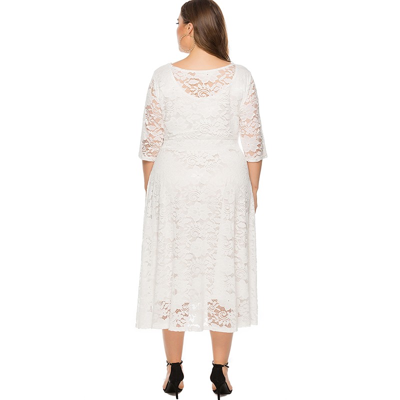 New Fashion Women Plus Size Dress Crochet Lace Hollow Out O-neck Half Sleeve Party Slim Dress Black/White