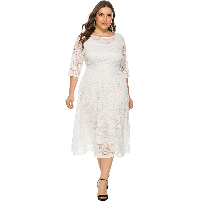 New Fashion Women Plus Size Dress Crochet Lace Hollow Out O-neck Half Sleeve Party Slim Dress Black/White