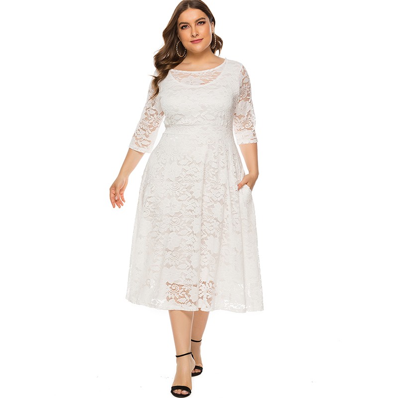 New Fashion Women Plus Size Dress Crochet Lace Hollow Out O-neck Half Sleeve Party Slim Dress Black/White