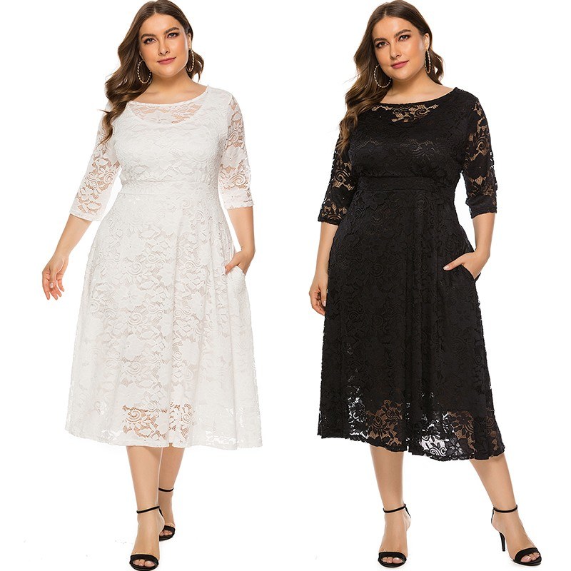 New Fashion Women Plus Size Dress Crochet Lace Hollow Out O-neck Half Sleeve Party Slim Dress Black/White