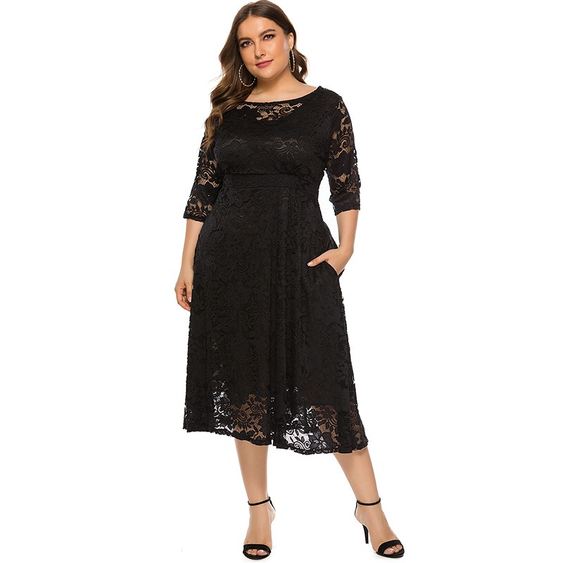 New Fashion Women Plus Size Dress Crochet Lace Hollow Out O-neck Half Sleeve Party Slim Dress Black/White