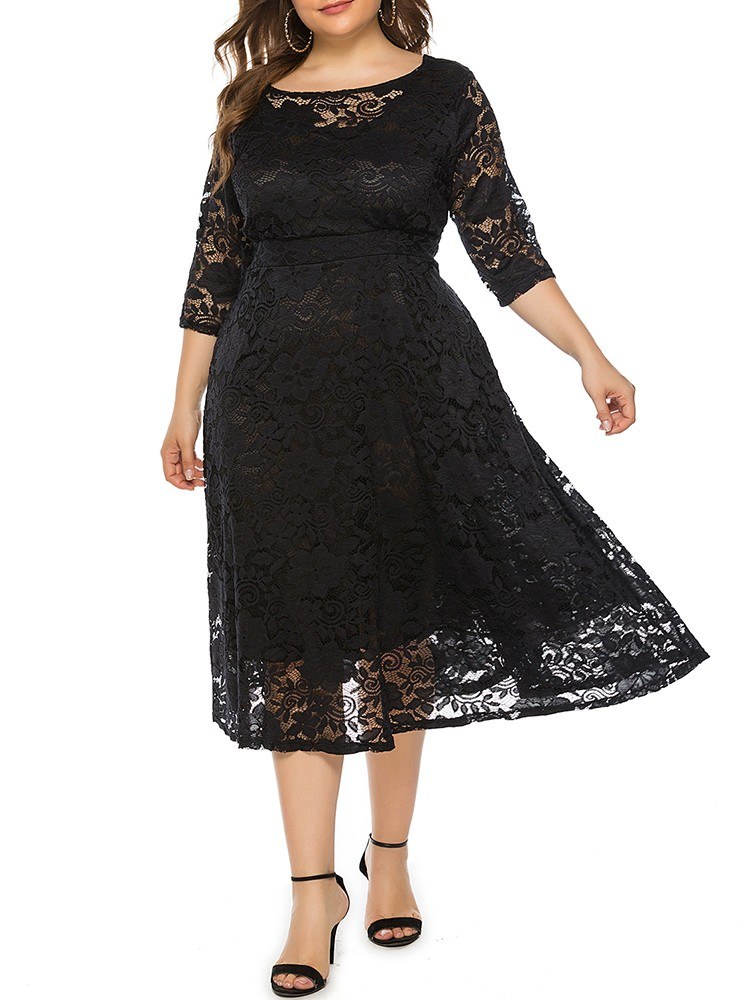 New Fashion Women Plus Size Dress Crochet Lace Hollow Out O-neck Half Sleeve Party Slim Dress Black/White