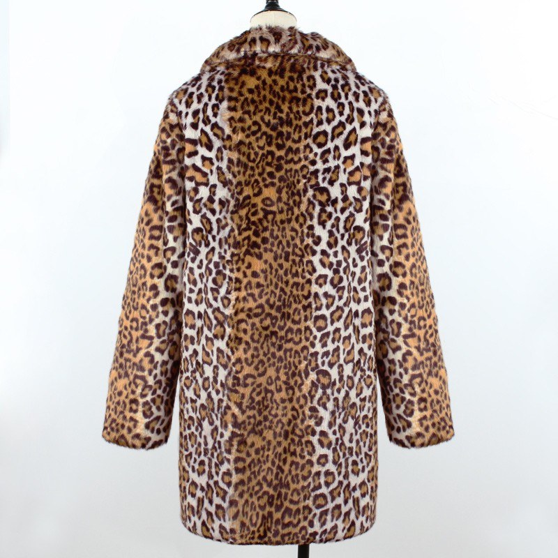 Fashion Women Winter Leopard Print Coat Faux Fur Turn-Down Collar Long Sleeve Thick Pocket Concealed Button Fluffy Jacket Long Coat