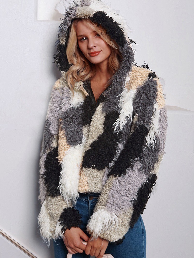 Fashion Women Autumn Winter Faux Fur Hooded Coat Color Block Open Front Fluffy Short Cardigan Outerwear Jacket Khaki