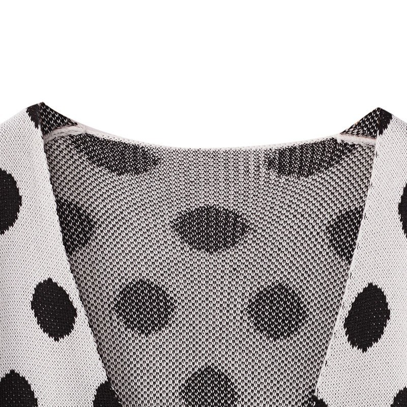 Women Knitted Long Cardigan Polka Dot Print Open Front Drop Shoulder Long Sleeves Pockets Autumn Winter Knitting Coat