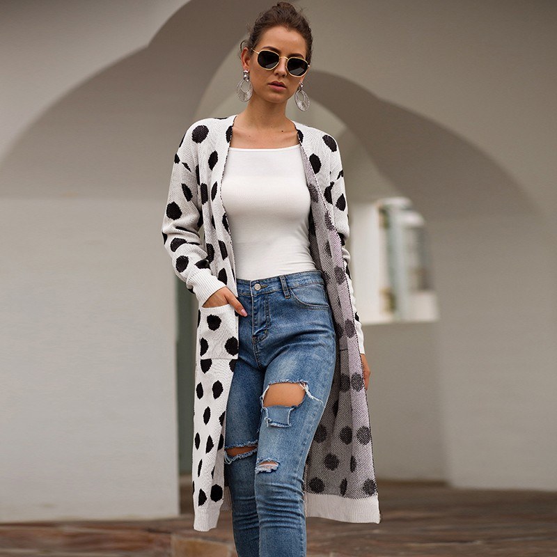 Women Knitted Long Cardigan Polka Dot Print Open Front Drop Shoulder Long Sleeves Pockets Autumn Winter Knitting Coat